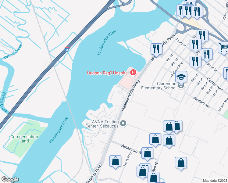 map of restaurants, bars, coffee shops, grocery stores, and more near Harbor Key Road in Secaucus