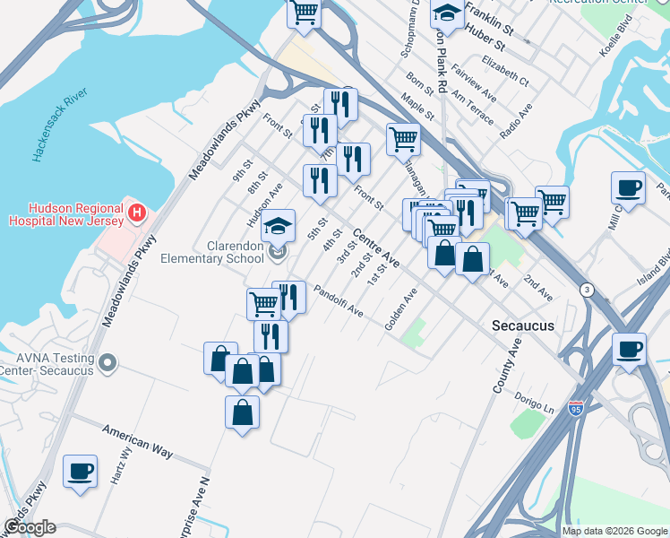 map of restaurants, bars, coffee shops, grocery stores, and more near 226 Pandolfi Avenue in Secaucus