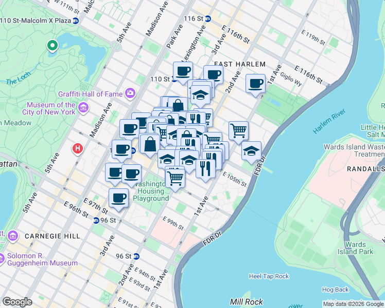 map of restaurants, bars, coffee shops, grocery stores, and more near 2047 2nd Avenue in New York