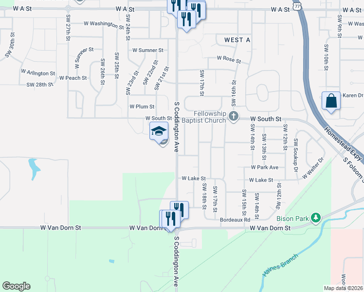 map of restaurants, bars, coffee shops, grocery stores, and more near 2307 Southwest 19th Street in Lincoln