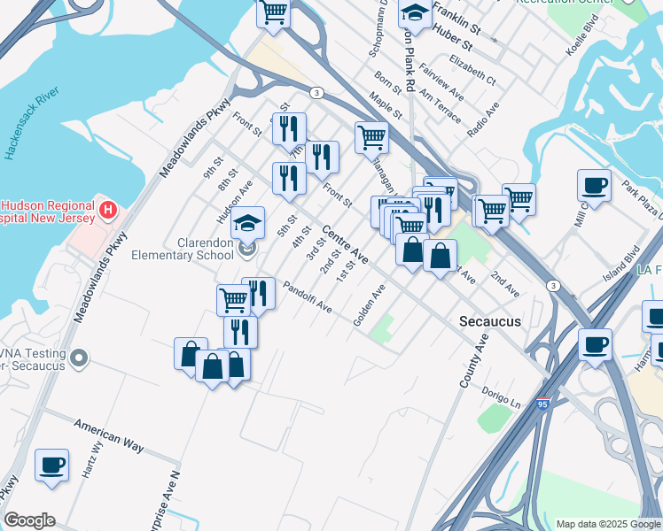 map of restaurants, bars, coffee shops, grocery stores, and more near 724 2nd Street in Secaucus