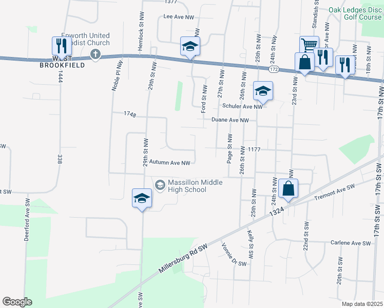 map of restaurants, bars, coffee shops, grocery stores, and more near 2801 Turning Leaf Avenue Northwest in Massillon