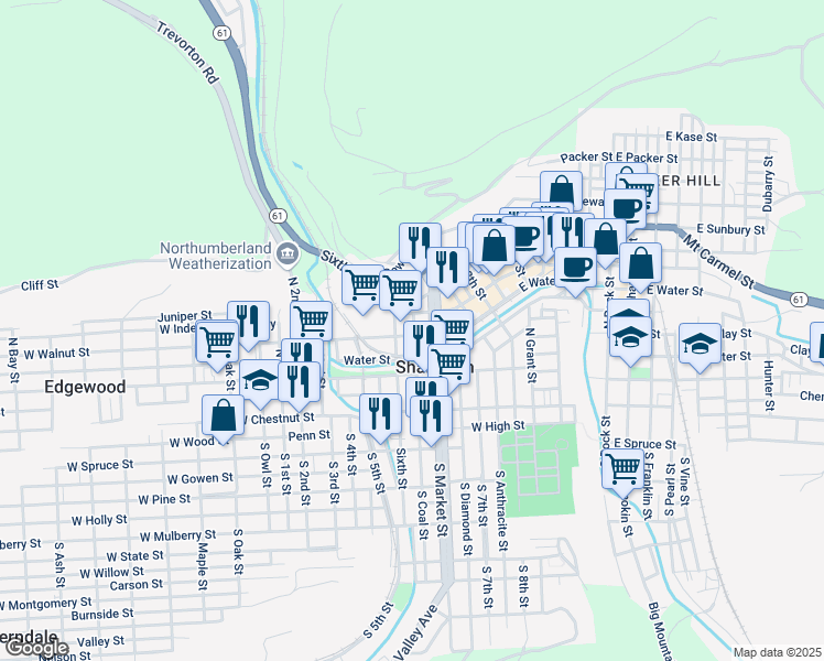 map of restaurants, bars, coffee shops, grocery stores, and more near W Water St in Shamokin