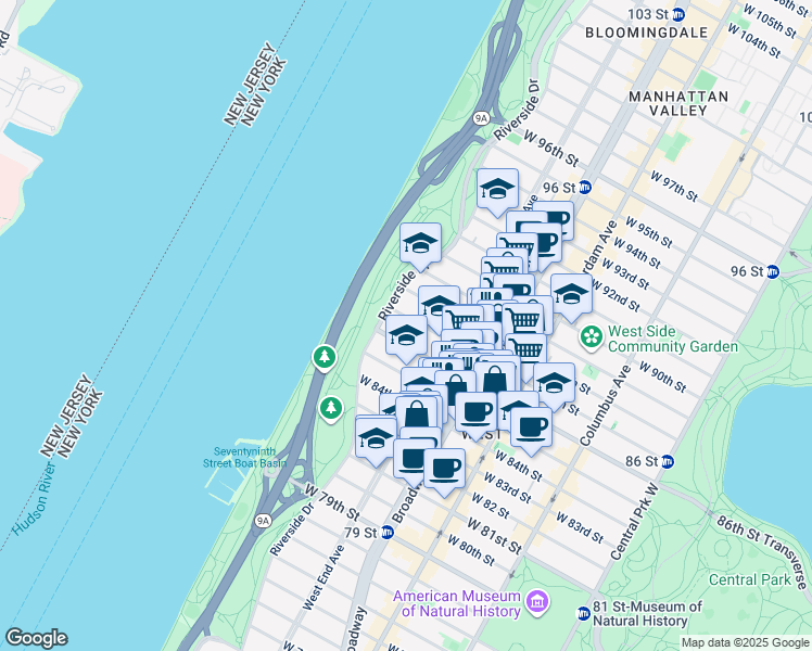 map of restaurants, bars, coffee shops, grocery stores, and more near 340 West 87th Street in New York