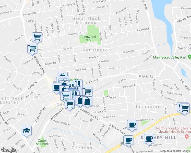 map of restaurants, bars, coffee shops, grocery stores, and more near 21 Chapel Place in Great Neck