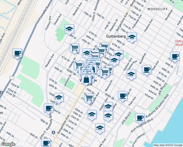 map of restaurants, bars, coffee shops, grocery stores, and more near 6103 Bergenline Avenue in West New York