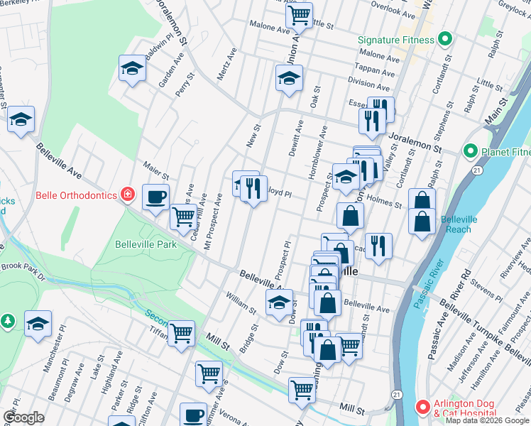 map of restaurants, bars, coffee shops, grocery stores, and more near 71 Dewitt Avenue in Belleville