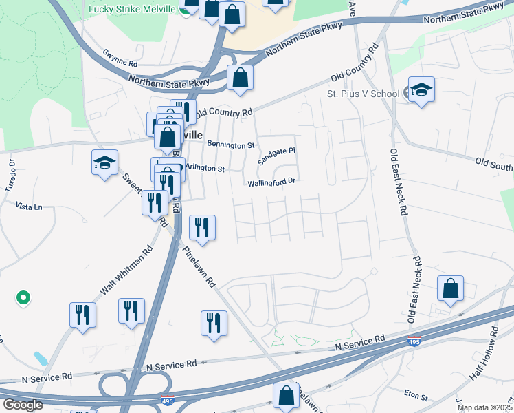map of restaurants, bars, coffee shops, grocery stores, and more near 127 Ardmore Avenue in Melville