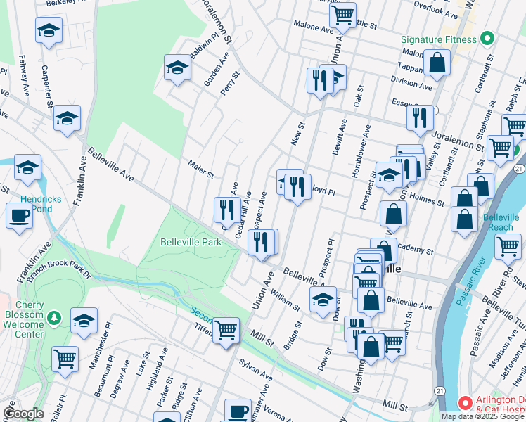 map of restaurants, bars, coffee shops, grocery stores, and more near 60 Mount Prospect Avenue in Belleville