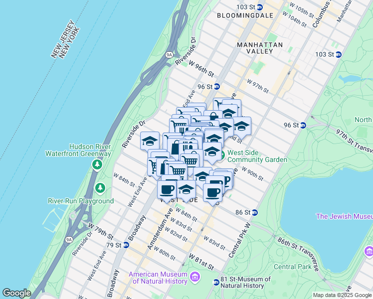 map of restaurants, bars, coffee shops, grocery stores, and more near 219 West 89th Street in New York