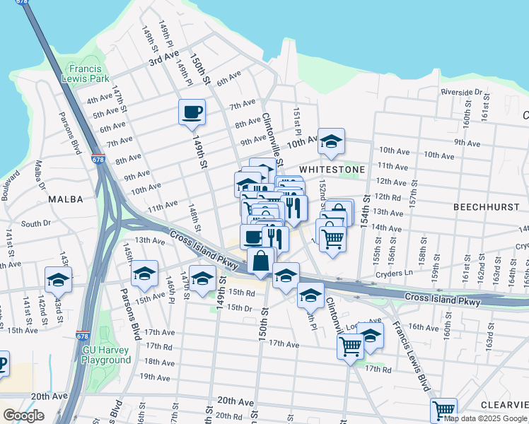 map of restaurants, bars, coffee shops, grocery stores, and more near 150-15 12th Road in Queens