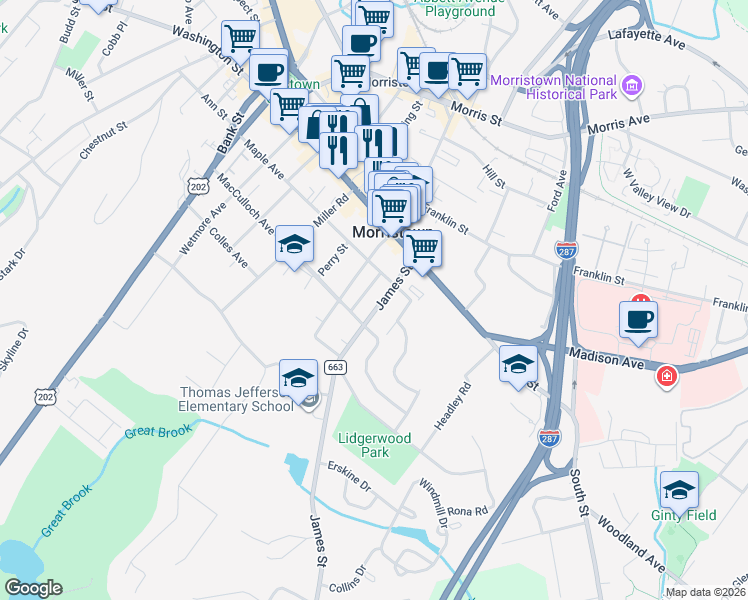 map of restaurants, bars, coffee shops, grocery stores, and more near 16 Crestwood Road in Morristown