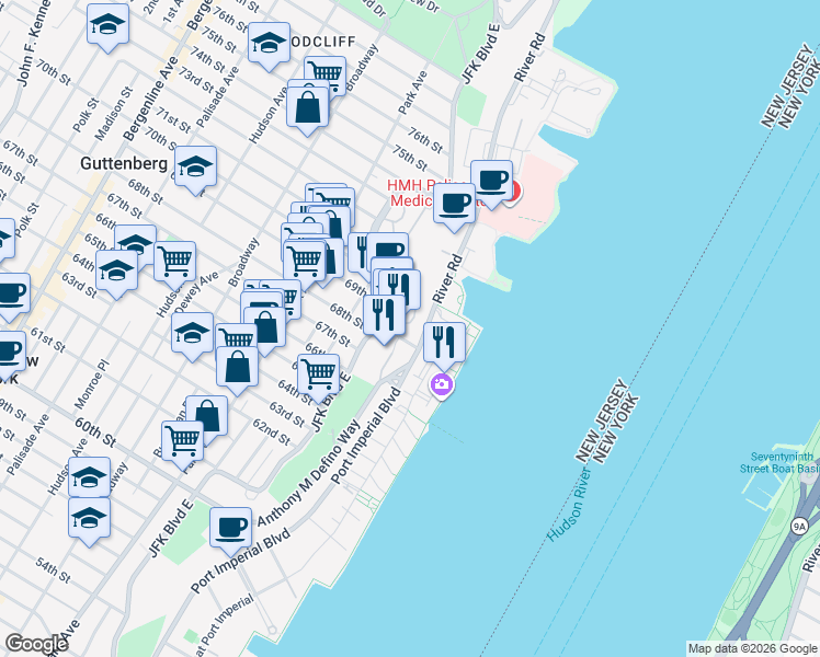 map of restaurants, bars, coffee shops, grocery stores, and more near 7002 JFK Boulevard East in Guttenberg