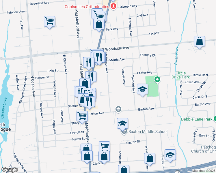 map of restaurants, bars, coffee shops, grocery stores, and more near 61 Mount Vernon Avenue in Patchogue