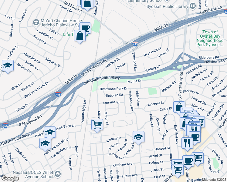 map of restaurants, bars, coffee shops, grocery stores, and more near 23 Deborah Road in Syosset
