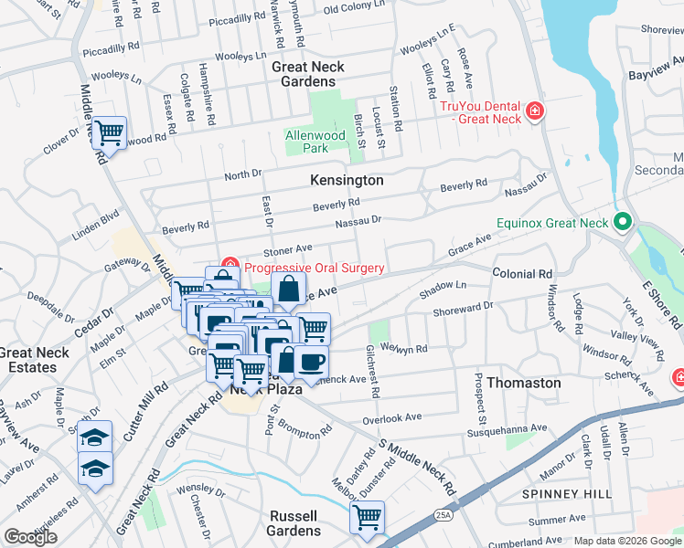 map of restaurants, bars, coffee shops, grocery stores, and more near 70 Grace Avenue in Great Neck Plaza