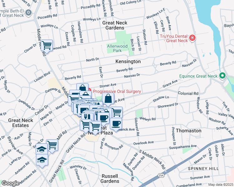 map of restaurants, bars, coffee shops, grocery stores, and more near 21 Canterbury Road in Great Neck