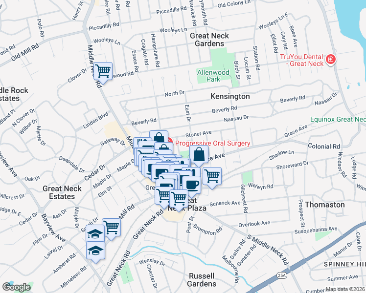 map of restaurants, bars, coffee shops, grocery stores, and more near 14 Park Place in Great Neck Plaza