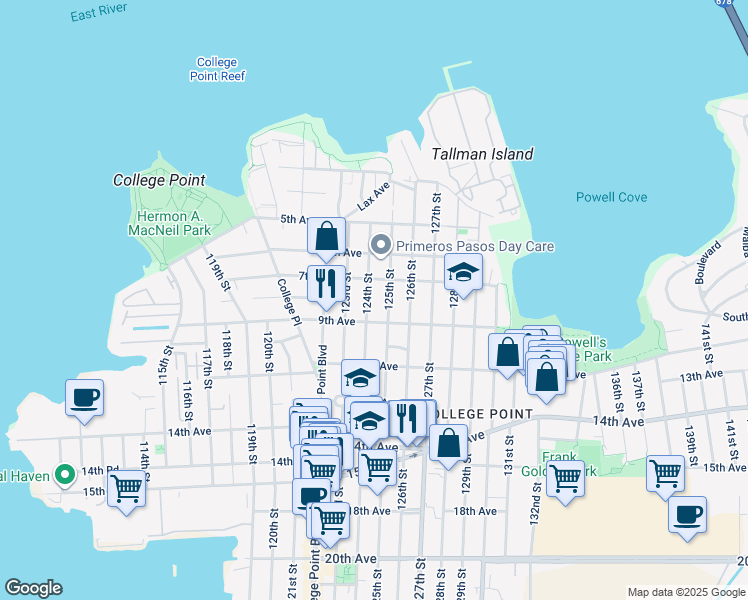 map of restaurants, bars, coffee shops, grocery stores, and more near 124-3 9th Avenue in Queens