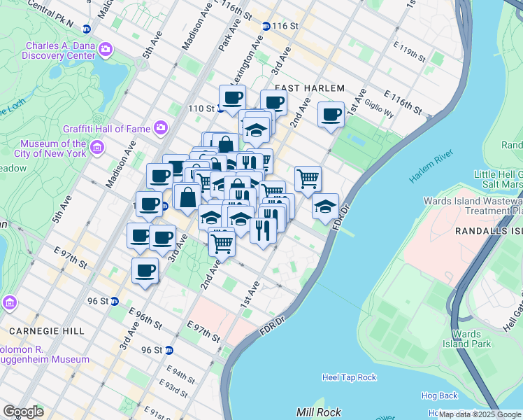 map of restaurants, bars, coffee shops, grocery stores, and more near 306 East 105th Street in New York