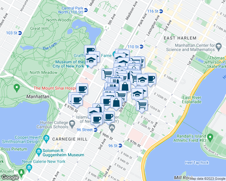 map of restaurants, bars, coffee shops, grocery stores, and more near in New York