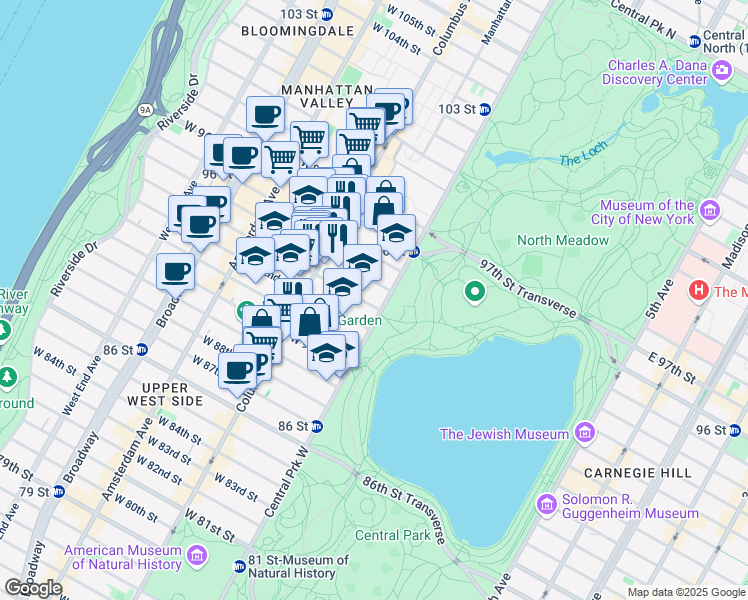 map of restaurants, bars, coffee shops, grocery stores, and more near 323 Central Park West in New York