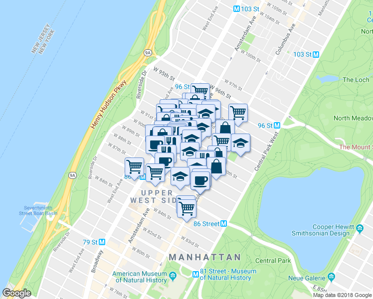 map of restaurants, bars, coffee shops, grocery stores, and more near in New York