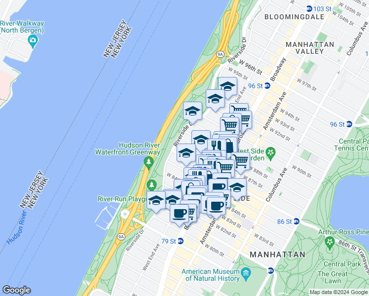 map of restaurants, bars, coffee shops, grocery stores, and more near 340 West 86th Street in New York