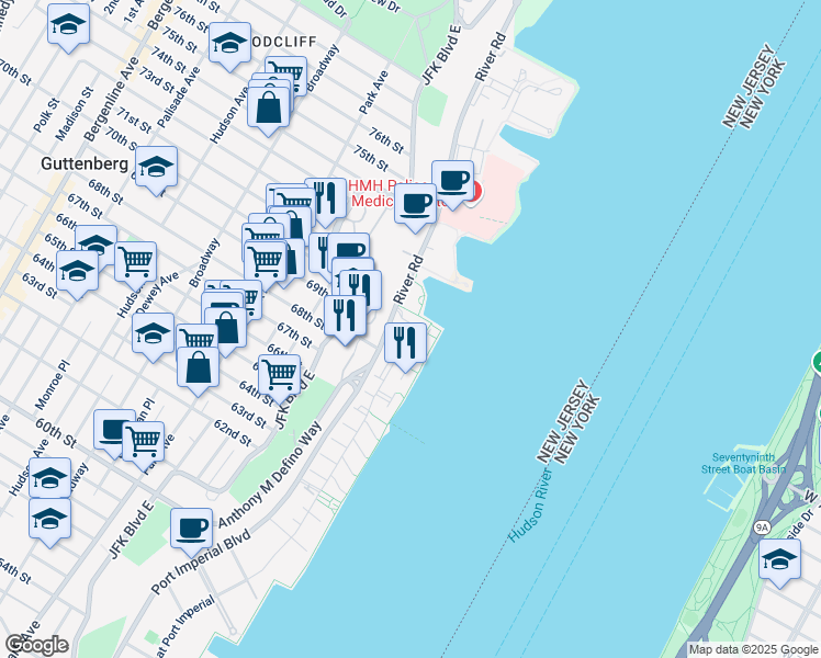 map of restaurants, bars, coffee shops, grocery stores, and more near 31 Lydia Drive in Guttenberg
