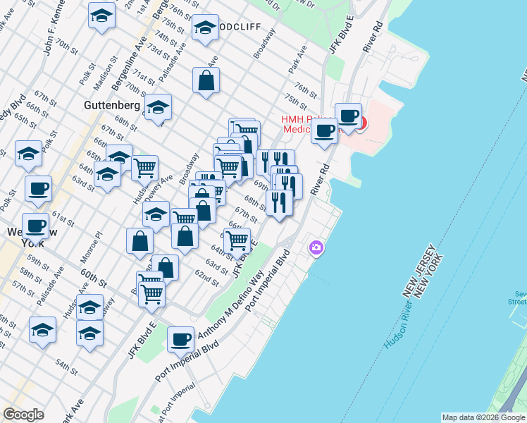 map of restaurants, bars, coffee shops, grocery stores, and more near 6609 JFK Boulevard East in West New York