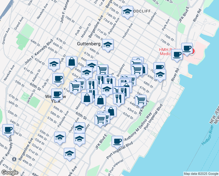 map of restaurants, bars, coffee shops, grocery stores, and more near 6304 Broadway in West New York