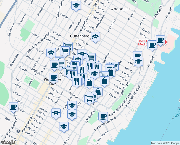 map of restaurants, bars, coffee shops, grocery stores, and more near 6200 Hudson Avenue in West New York