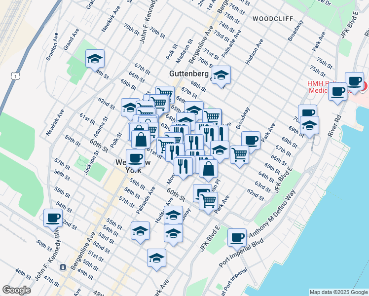 map of restaurants, bars, coffee shops, grocery stores, and more near 311 62nd Street in West New York