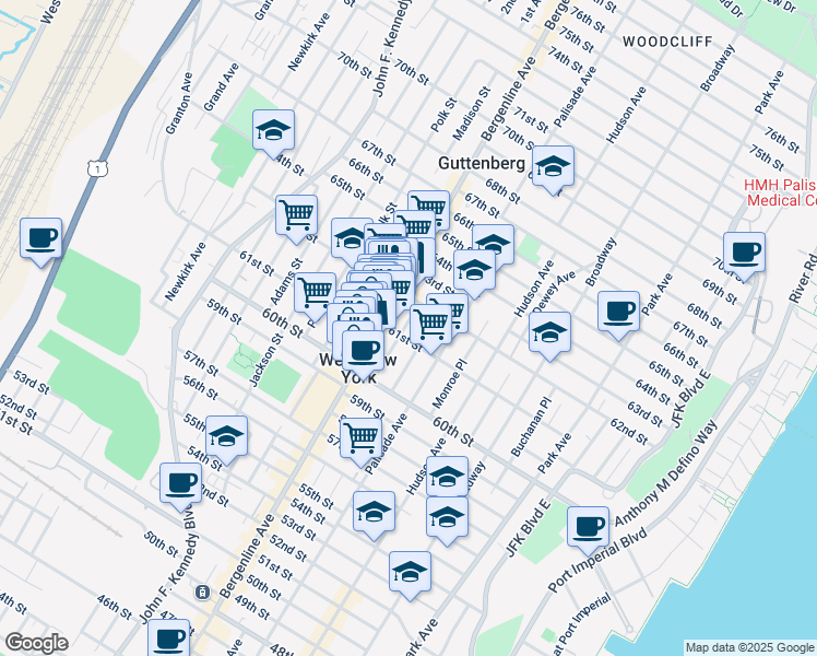 map of restaurants, bars, coffee shops, grocery stores, and more near 429 61st Street in West New York