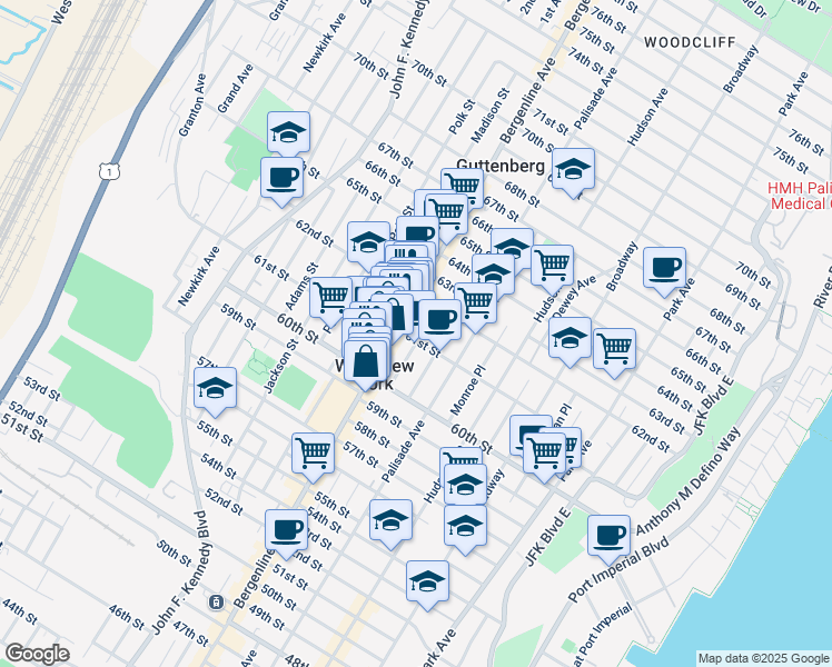 map of restaurants, bars, coffee shops, grocery stores, and more near 429 61st Street in West New York