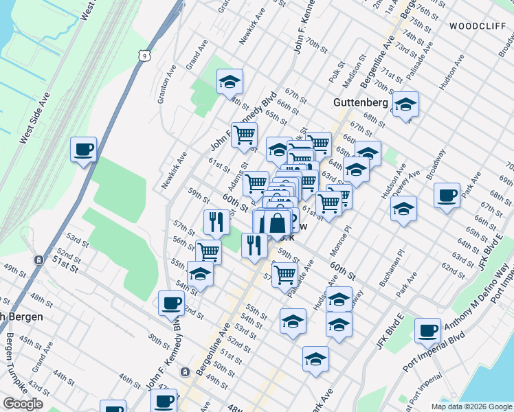 map of restaurants, bars, coffee shops, grocery stores, and more near 6000 Madison Street in West New York