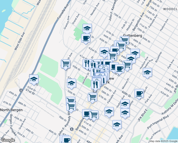 map of restaurants, bars, coffee shops, grocery stores, and more near 566 59th Street in West New York