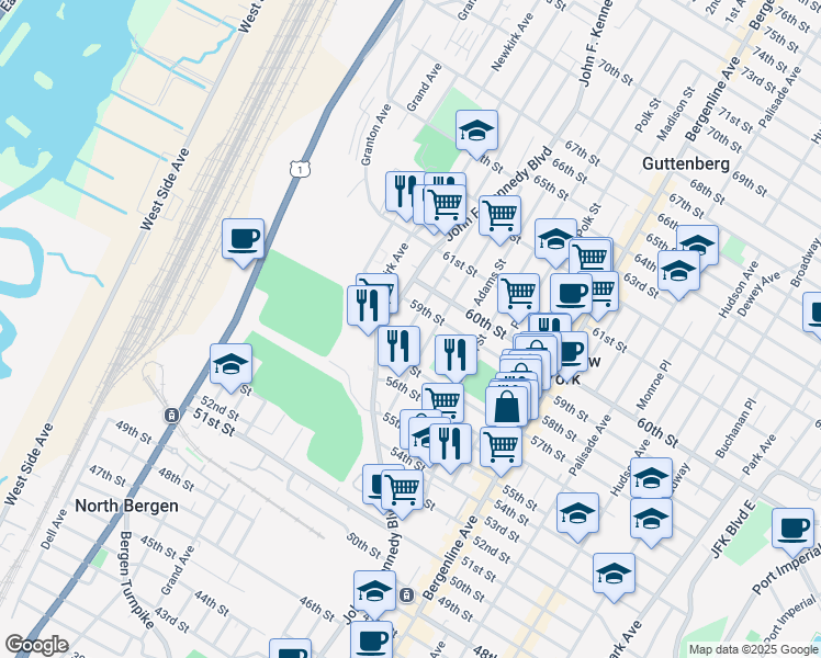 map of restaurants, bars, coffee shops, grocery stores, and more near 5710 Washington Street in West New York