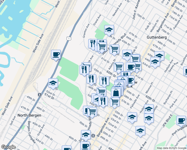 map of restaurants, bars, coffee shops, grocery stores, and more near 5710 Washington Street in West New York