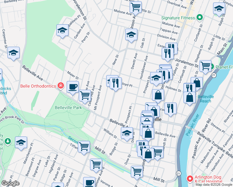 map of restaurants, bars, coffee shops, grocery stores, and more near 71 Dewitt Avenue in Belleville
