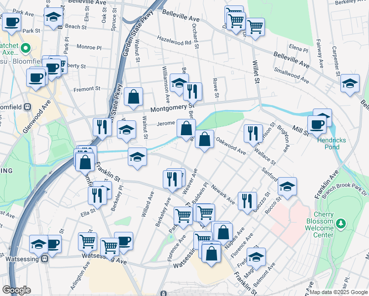 map of restaurants, bars, coffee shops, grocery stores, and more near 125 Newark Avenue in Bloomfield