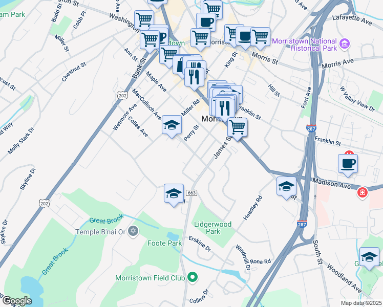 map of restaurants, bars, coffee shops, grocery stores, and more near 67 Madison Street in Morristown
