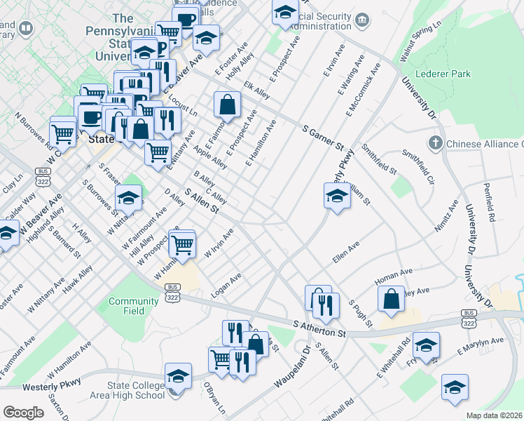 map of restaurants, bars, coffee shops, grocery stores, and more near 827 Old Boalsburg Road in State College