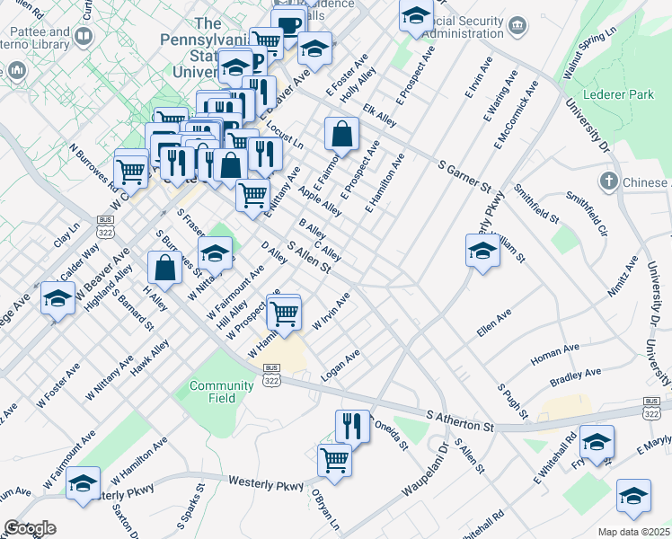 map of restaurants, bars, coffee shops, grocery stores, and more near in State College