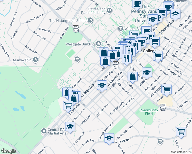 map of restaurants, bars, coffee shops, grocery stores, and more near 622 West College Avenue in State College