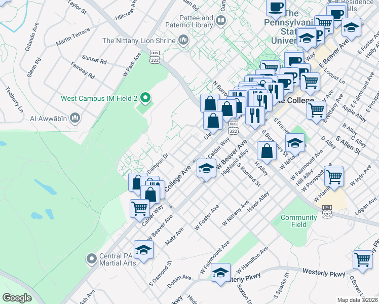 map of restaurants, bars, coffee shops, grocery stores, and more near 622 West College Avenue in State College