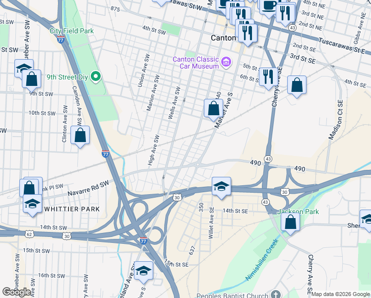 map of restaurants, bars, coffee shops, grocery stores, and more near 1128 Mckinley Avenue Southwest in Canton
