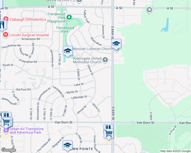 map of restaurants, bars, coffee shops, grocery stores, and more near 2200 Devoe Drive in Lincoln