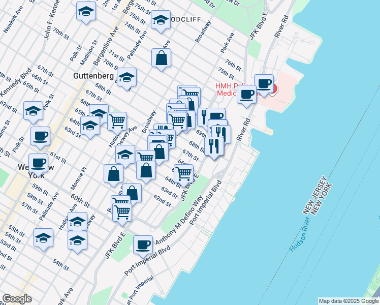 map of restaurants, bars, coffee shops, grocery stores, and more near 54 67th Street in West New York