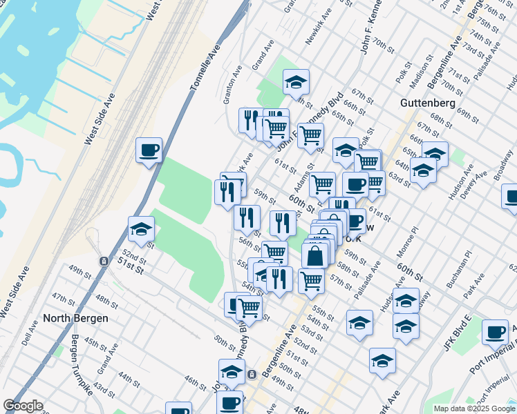 map of restaurants, bars, coffee shops, grocery stores, and more near 5808 Washington Street in West New York